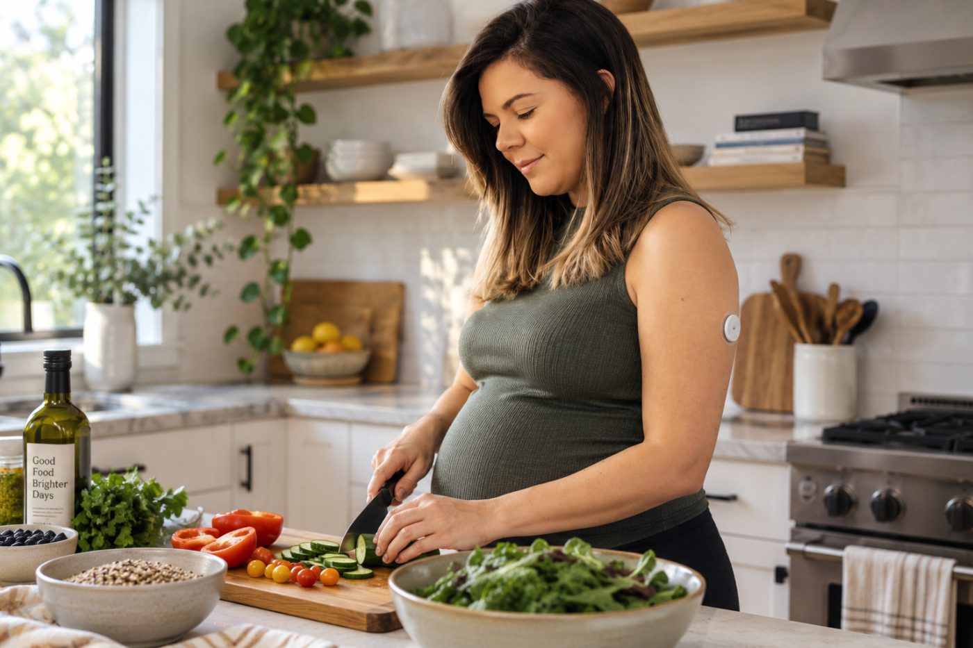 Pregnant woman wearing a continuous glucose monitor while preparing vegetables at home
